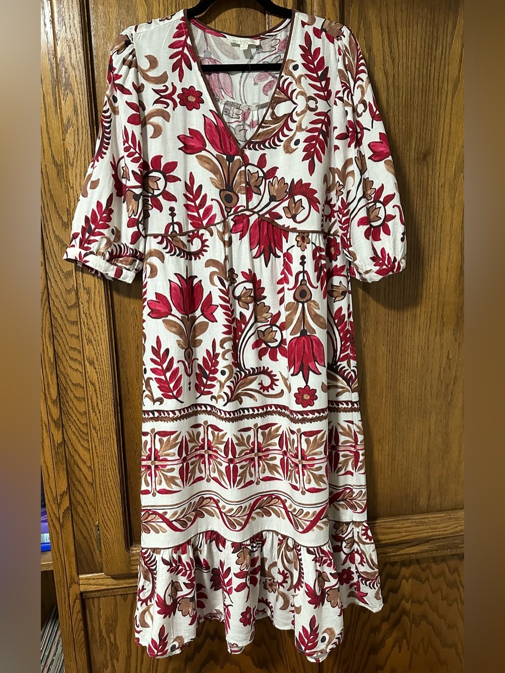 NWT Anthropologie Fig + Flower Linen Blend Tiered Boho Floral Midi Dress Sz M